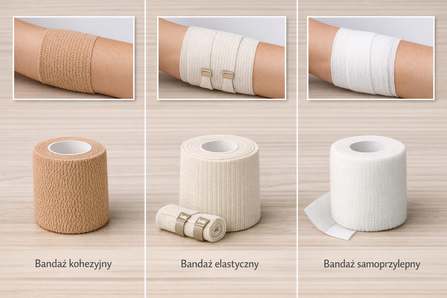 zdjęcie porównawcze różnych rodzajów bandaży: kohezyjny, elastyczny i samoprzylepny
