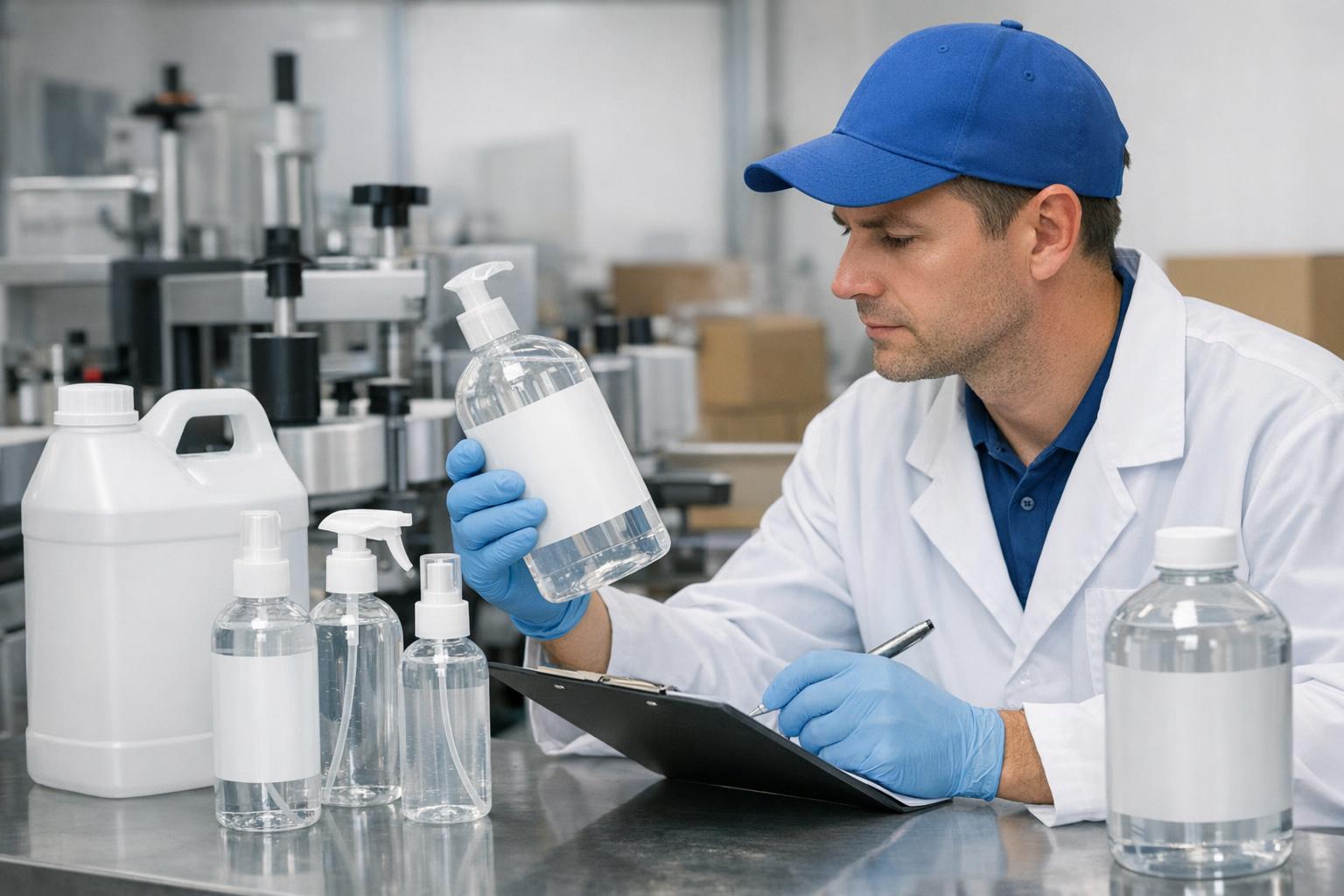 Technik sprawdza oznakowanie butelek środków do dezynfekcji